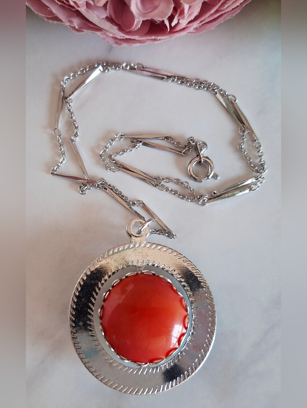 Vintage 80s✨️🧡Silver & Peach Pendant Necklace